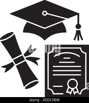 Symboles de graduation silhouette icône chapeau, diplôme et illustration vectorielle de certificat Illustration de Vecteur