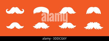 Silhouettes de moustache blanche sur fond orange. Collection de moustaches vectorielles rétro pour logos de barbershop, graphiques hipster et accessoires de fête. Illustration de Vecteur