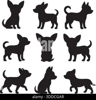Chihuahua Dog Silhouette Vector Set différentes poses illustration en noir et blanc Illustration de Vecteur