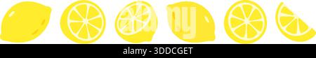 Ensemble de citrons jaunes plats et de tranches sur fond blanc Illustration de Vecteur