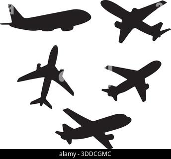 Une collection de cinq silhouettes d'avion noir différentes Icons Vector Illustration de Vecteur