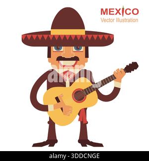 Homme mexicain jouant de la guitare et chantant.illustration vectorielle sur blanc Illustration de Vecteur