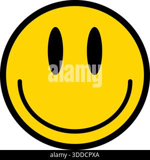 Visage circulaire jaune avec un contour noir, avec une expression douteuse et stupide avec des yeux inégaux et un sourire. Illustration de Vecteur