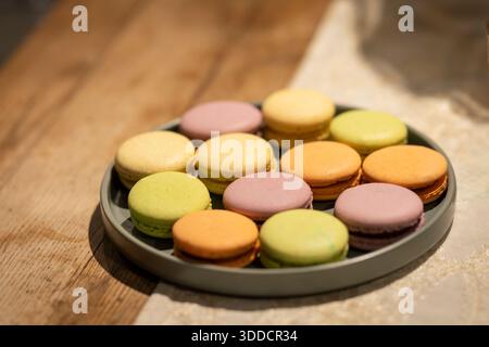 Assortiment coloré de macarons français disposés sur une assiette sur une table en bois. Macarons pastel à la garniture crémeuse servis à la lumière naturelle. Banque D'Images