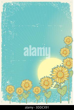 Tournesol .Vector carte postale vintage avec des éléments grunge Illustration de Vecteur
