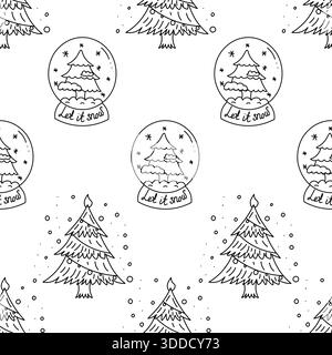 Doodle motif de globes de neige en verre de Noël avec arbre de noël dans le style noir et blanc Illustration de Vecteur