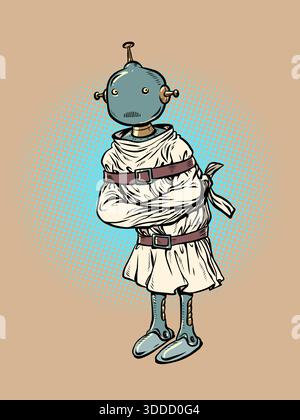 Un robot dans une camisole de force. L'intelligence artificielle devient folle. L'IA est émotionnellement instable. Bande dessinée pop art rétro illustration vectorielle main dr. Illustration de Vecteur