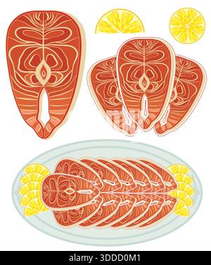 Steaks de saumon.Vector poissons rouges isolés sur blanc Illustration de Vecteur