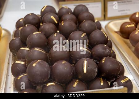 Bonbons au praliné au chocolat faits à la main, qualité hogh sans huile de palme, friandises élégantes et en bouchées avec des revêtements brillants, cacao riche, avec une garniture différente Banque D'Images