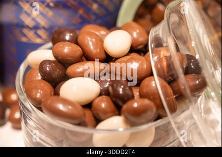 Bonbons au praliné au chocolat faits à la main, qualité hogh sans huile de palme, friandises élégantes et en bouchées avec des revêtements brillants, cacao riche, avec une garniture différente Banque D'Images