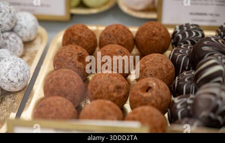 Bonbons au praliné au chocolat faits à la main, qualité hogh sans huile de palme, friandises élégantes et en bouchées avec des revêtements brillants, cacao riche, avec une garniture différente Banque D'Images