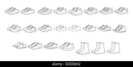 Jeu de paires de chaussures de sneakers. Athlétique running tennis randonnée skate soccer, toile, stretch trainer contour pour homme femme unisexe. Guide technique des chaussures, maquette CAO propre, vecteur minimal pour le catalogue Illustration de Vecteur