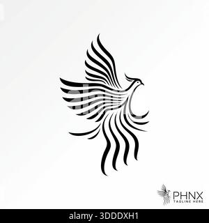 Phoenix ligne art volant immortel animal faucon faucon aigle prédateur puissance sauvage logo design concept graphique créatif premium vecteur image stock top vente Illustration de Vecteur