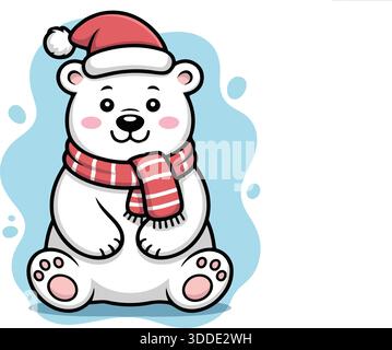 « Illustration d'ours polaire de Noël – ours blanc mignon avec chapeau de père Noël et écharpe rayée sur fond bleu » Illustration de Vecteur