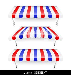 Achetez le pare-soleil avec support en métal. Auvent de café rayé réaliste. Tente de marché extérieure. Auvent de toit aux couleurs du drapeau français. Magasin de rue d'été. Vecteur Illustration de Vecteur