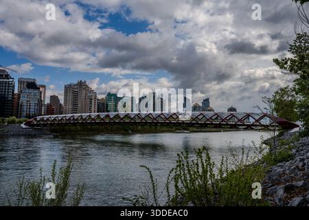 Le Peace Bridge enjambe la rivière Bow avec des gratte-ciel modernes dans le centre-ville de Calgary sous un ciel nuageux. Calgary, Canada - 22 mai 202 Banque D'Images