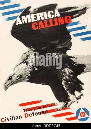 Propagande de la seconde Guerre mondiale (U.S. Government Printing Office, 1941). Affiche de la défense civile feat an American Eagle Banque D'Images