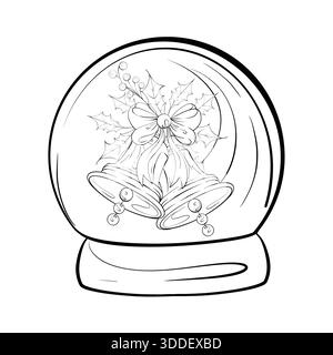 Boule à neige avec cloches et Holly Design pour les décorations festives et l'artisanat d'hiver avec des contours simples pour la coloration Illustration de Vecteur