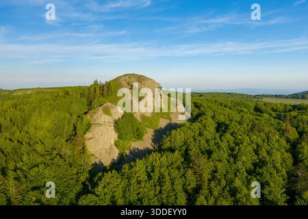 Une grande formation de pierre émerge d'une mer d'arbres verdoyants sous un ciel bleu clair dans la campagne de l'Ardèche, illuminée par la lumière chaude du soleil du soir. Banque D'Images