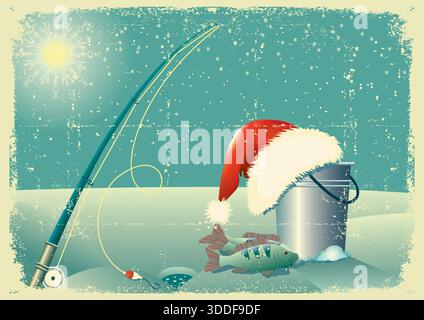 Illustration vectorielle de pêche de Noël. Vecteur symbole de pêche d'hiver illustration dessinée à la main avec texte de vacances Illustration de Vecteur