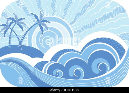 Vagues océaniques et soleil. Fond d'affiche vintage nature Seascape avec la lumière du soleil et de grandes vagues. Illustration de la mer de la nature de couleur vectorielle pour la conception ou le texte. Illustration de Vecteur