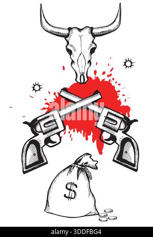 Pistolets revolver croisés illustration vintage. Pistolets occidentaux, vecteur d'arme de cow-boy, symbole de pistolet Wild West. Conception de deux revolver de pistolet logo avec des balles Illustration de Vecteur