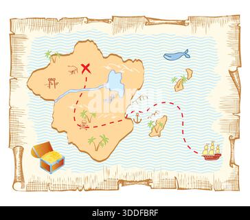 Vieux parchemin avec trésor de carte pirate et illustration vectorielle poignard avec carte pirate sur texture de bois Illustration de Vecteur
