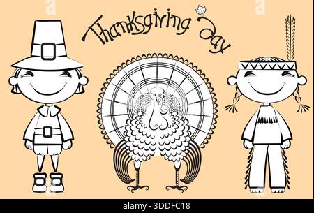 Indien et pèlerin avec la turquie. Symboles vectoriels d'action de grâce pour la conception. Mignon pèlerin de dessin animé garçon et fille et oiseau tukey et texte de Thanksgiving Illustration de Vecteur