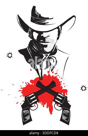 Illustration vectorielle d'un cow-boy sévère dans un style Far West, avec un portrait de silhouette avec un chapeau, des revolvers croisés dégoulinant dans des éclaboussures de sang rouge Illustration de Vecteur
