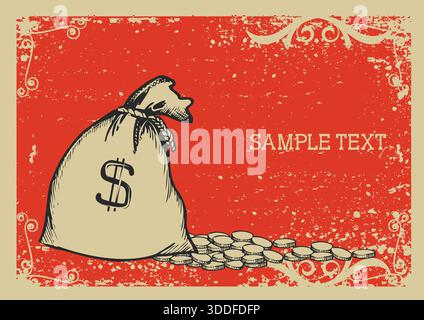 Sac à argent. Image graphique vectorielle avec fond grunge. Sac d'argent avec des pièces sur le vecteur de finance rétro fond rouge vintage Illustration de Vecteur