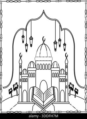 Mosquée islamique et œuvre d'art du Coran ouvert. Mosquée musulmane et Coran ouvert coloriage page pour enfants et adultes. Illustration de Vecteur