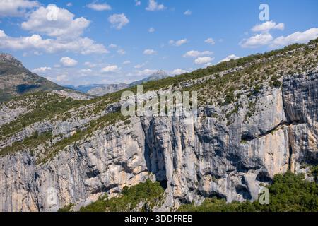 Des falaises calcaires abruptes s'élèvent au-dessus des pentes densément boisées dans les gorges du Verdon, avec des montagnes lointaines et un ciel bleu éclatant parsemé de nuages moelleux. La lumière du soleil met en valeur les textures rocheuses accidentées et le paysage naturel. Banque D'Images