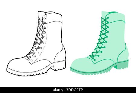 Vert lacets crampons semelle bottes femmes plat plus ligne set. Bande de roulement épaisse avec laçage avant excursion en montagne, style de vie nature. Illustration de mode technique CAD maquette vectorielle hommes unisexe style isolé. Illustration de Vecteur