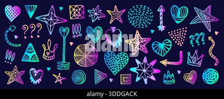 Formes abstraites populaires, ensemble dessiné à la main au néon doodle. Signes isolés de gradient d'hologramme, lueur holographique ultra acide. Cœurs, cercles, étoiles, couronne, arr Illustration de Vecteur