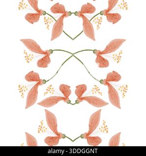 Bordure florale d'aquarelle sans couture, fleurs de pêche, tiges délicates sur fond blanc. Design botanique vertical élégant parfait pour le mariage Banque D'Images