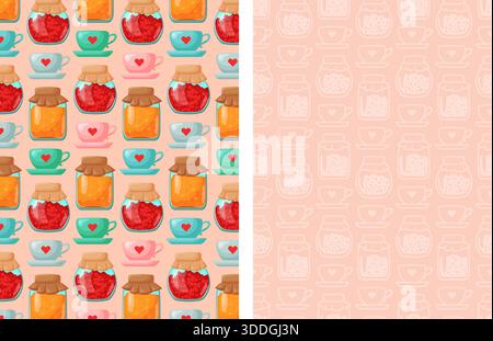 Motif vibrant de pots de confiture avec tasses, collage joyeux de conserves de fruits illustrées, couvercles et étiquettes assortis Illustration de Vecteur