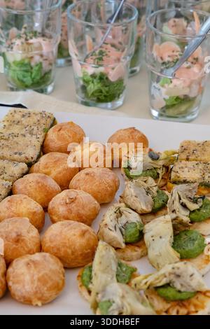 Sélection de hors-d'œuvre affichés sur une table de restauration : profiteroles dorés, canapés salés recouverts d'artichauts et de légumes Banque D'Images
