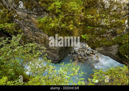 Une voûte rocheuse recouverte de mousse s'étend sur un ruisseau alpin bleu clair, avec un feuillage vert luxuriant et des textures rugueuses encadrant l'eau ruisselante en dessous. Banque D'Images