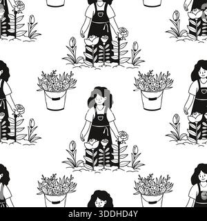 Modèle sans couture avec jardinier femme et fleurs. Personnage féminin dessiné à la main Florist Tending Garden sur fond blanc. Templat répétitif minimaliste Illustration de Vecteur