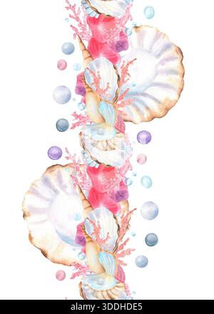 Bordure verticale sans couture de coquillages ouverts avec nacre, coraux roses, perles colorées, coquillages. Clipart sous-marin. Aquarelle dessinée à la main Banque D'Images