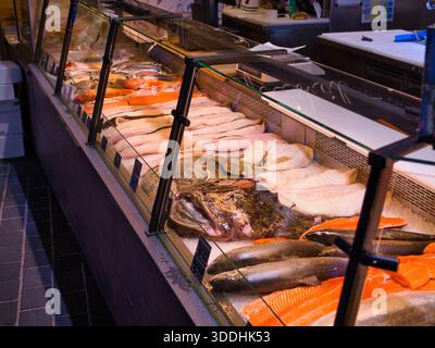 Bergen, Norvège - 13 novembre 2025 : filets de poisson frais et fruits de mer entiers sur glace dans un comptoir réfrigéré au marché aux poissons de Bergen, Bergen, Norvège, avec un look vibrant et appétissant. Banque D'Images