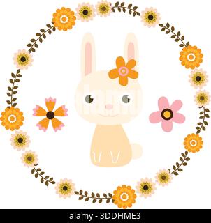Lapin de Pâques mignon et couronne fleurie Illustration de Vecteur