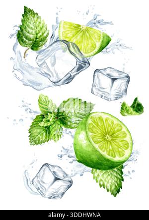 Glaçons à la chaux, feuilles de menthe et éclaboussures d'eau cristalline. Illustration d'aquarelle dessinée à la main isolée sur fond blanc Banque D'Images