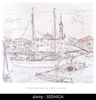 Scène du port à Hvar : voiliers, ville et tour historique de l'église sur des eaux calmes Banque D'Images