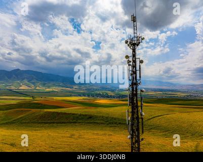 La tour de télécommunications se dresse au milieu de collines ondulantes et de champs agricoles. Le ciel nuageux ajoute de la profondeur au vaste paysage rural, mettant en valeur le mélange de technologie et de beauté naturelle. Banque D'Images