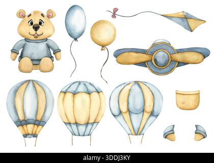 Watercolor set of cute kids toys. Watercolor illustration of a hot air Balloon, Toy airplane, Teddy Bear and Balloons in blue and beige colors. Clip Banque D'Images