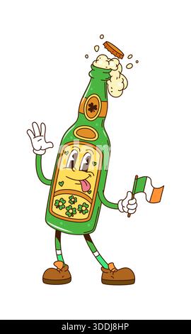 Personnage de bouteille de bière verte hippie groovy de dessin animé Illustration de Vecteur