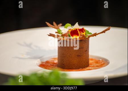 Dégustation spéciale pour les visiteurs, association de nourriture avec un verre de vin de champagne, plats délicieux préparés par des chefs cuisiniers renommés à la nourriture d'hiver et Banque D'Images