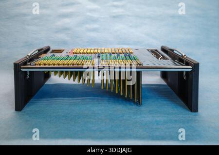Photographie en studio haute résolution d'une vis chirurgicale et d'un plateau d'implant avec des vis médicales à code couleur disposées dans un organisateur métallique de précision sur un Banque D'Images