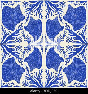 Coquille de conque damassée bleue et beige et coraux motif sans couture côtier Illustration de Vecteur